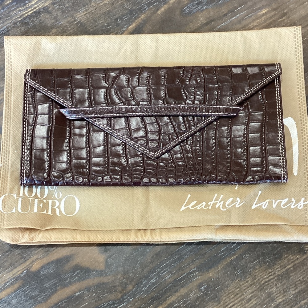 Harold's Brown Crocodile Embossed Leather Clutch